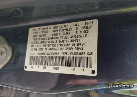 2007 Honda Accord 2.4 Ex z USA, uszkodzony, nr VIN 1HGCM56747A038792